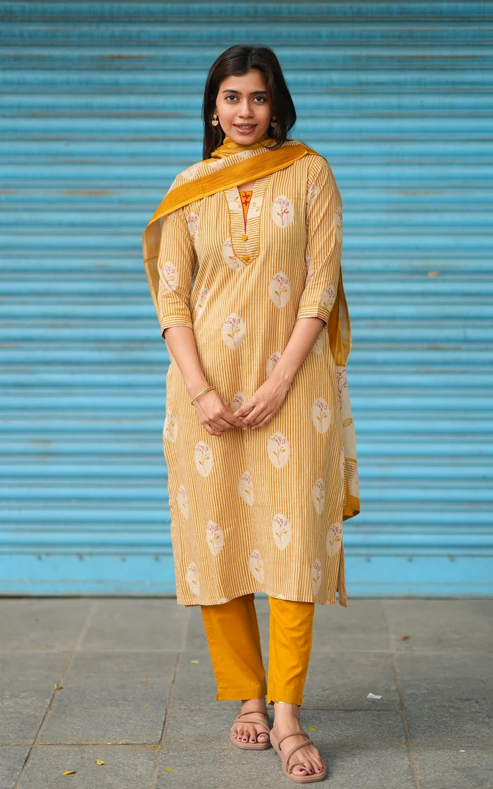Mustard Yellow Aline Cotton Straight Kurti set